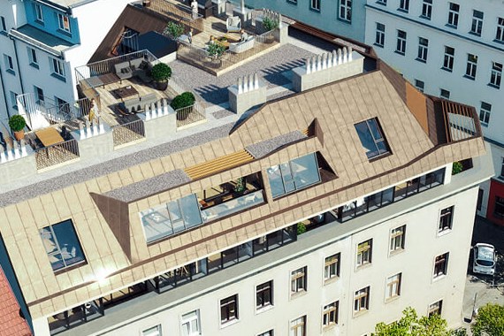 Dachaufsicht mit begrünten Terrassen der Penthäuser