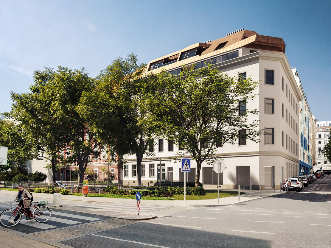 Straßenansicht Zimmermannplatz 6 mit Baumreihe und Zebrastreifen